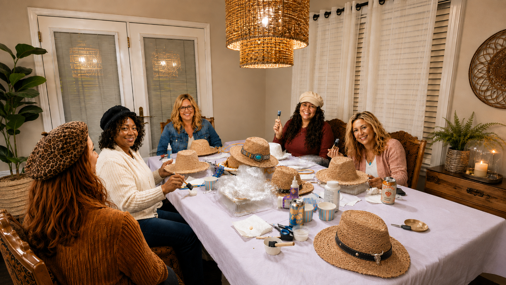 A group of friends decorating straw western-style hats together at a hands-on hat-making workshop