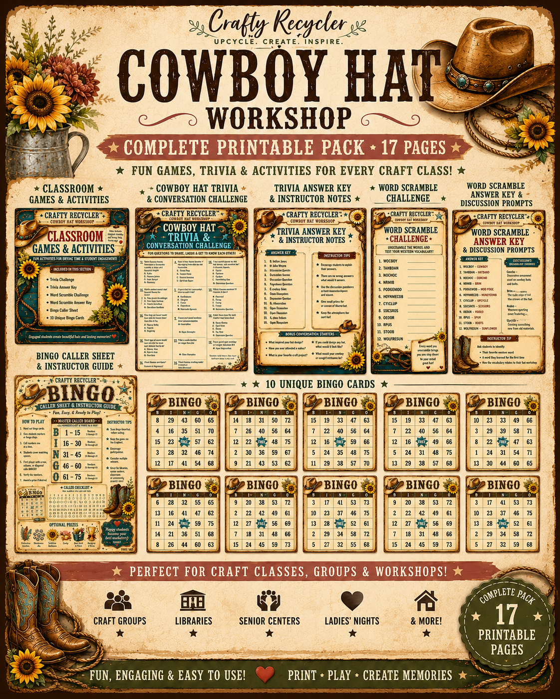 Cowboy Hat Workshop Game Pack — all 17 printable pages spread