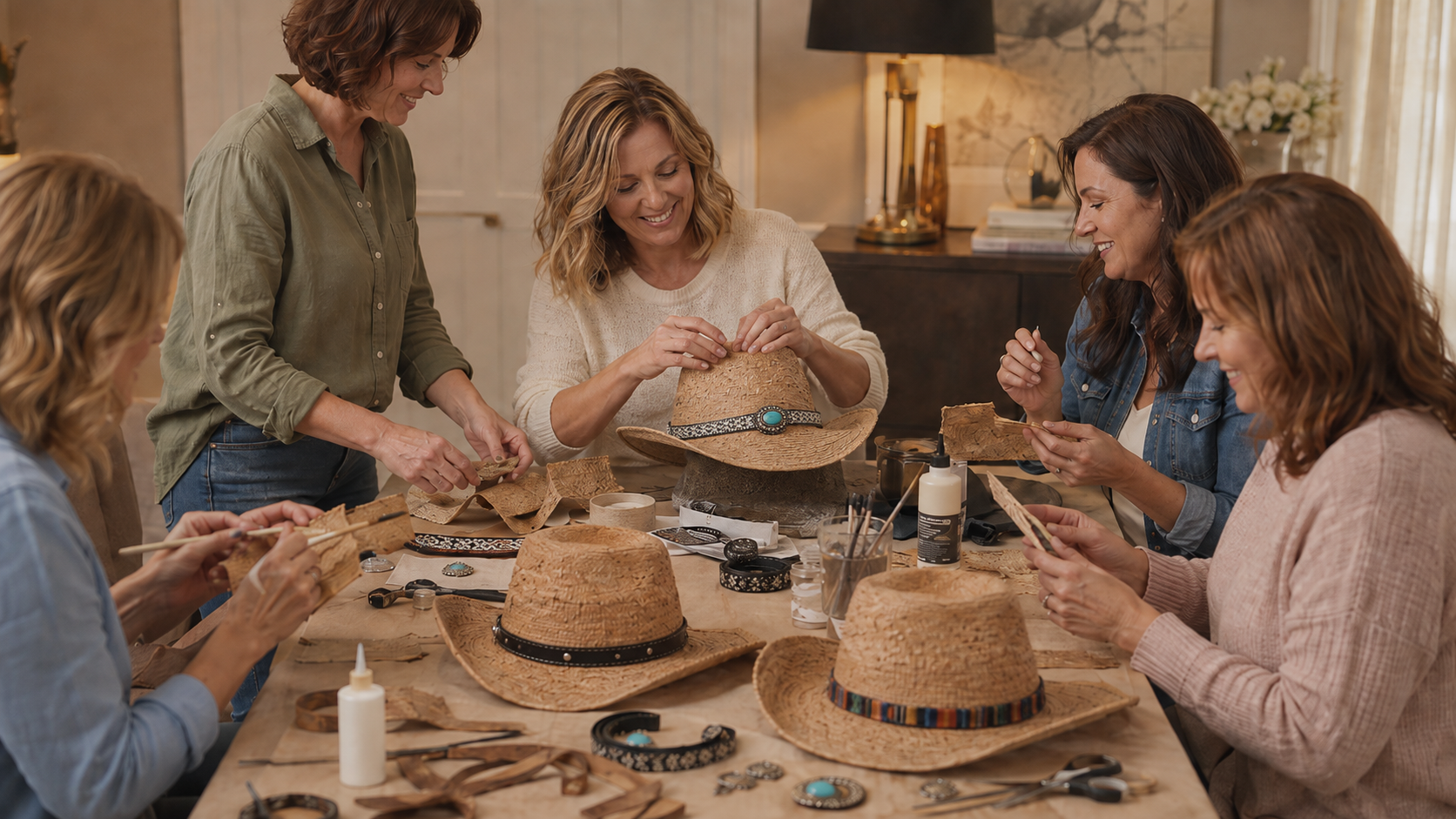 A group of women decorating handmade straw western-style hats together at a hat-making party